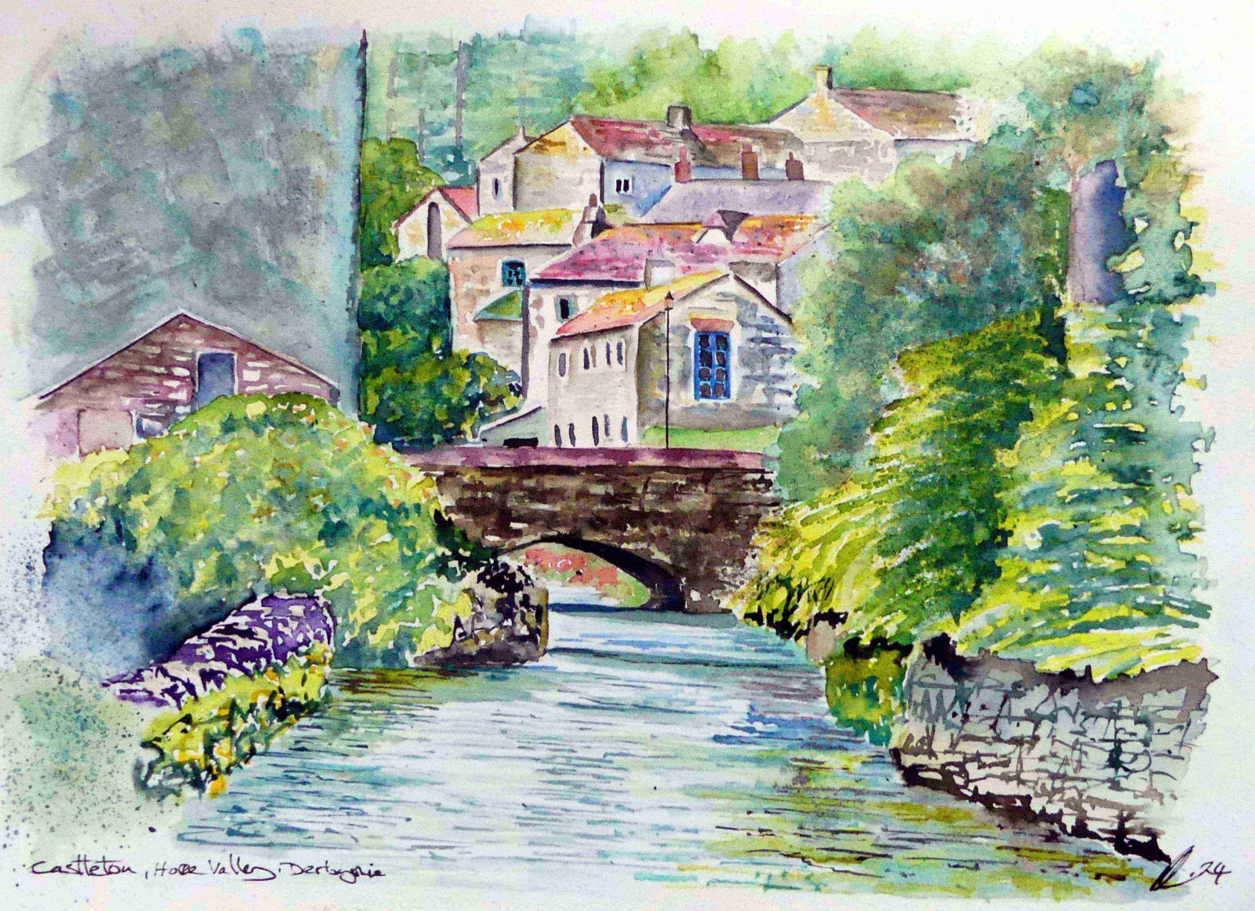 Watercolour of Castleton, Peak District by UK artist Elizabeth Sadler