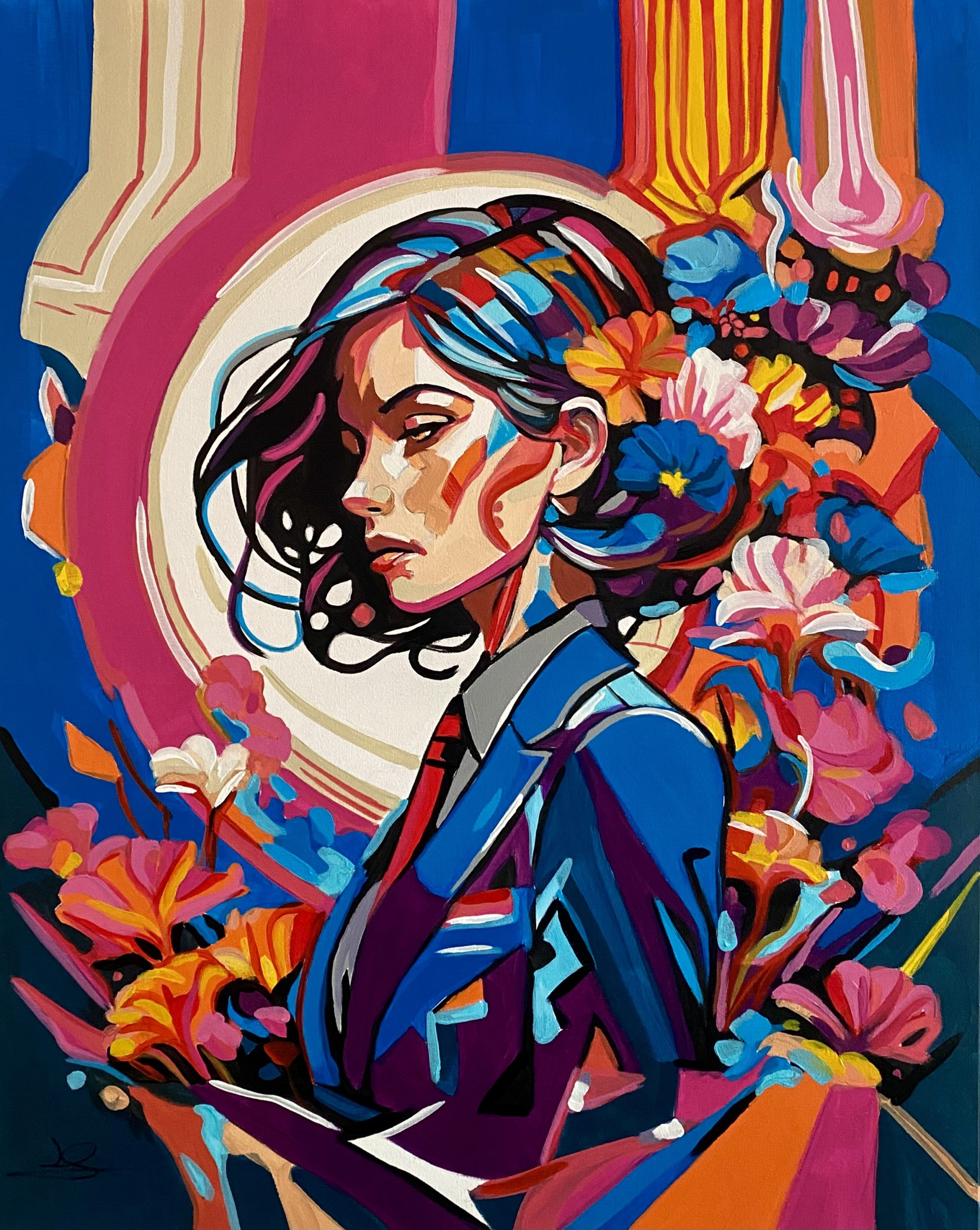 'Delfi' - Stylised portrait of a girl with flowers by Luke Spooner