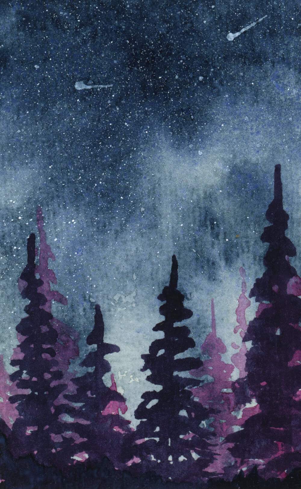 Magical Forest Original Mini by Dannie Mac Art - A7 Cotton Rag - Tall Pine Trees in the Moonlight under the Full Moon and Shooting Stars