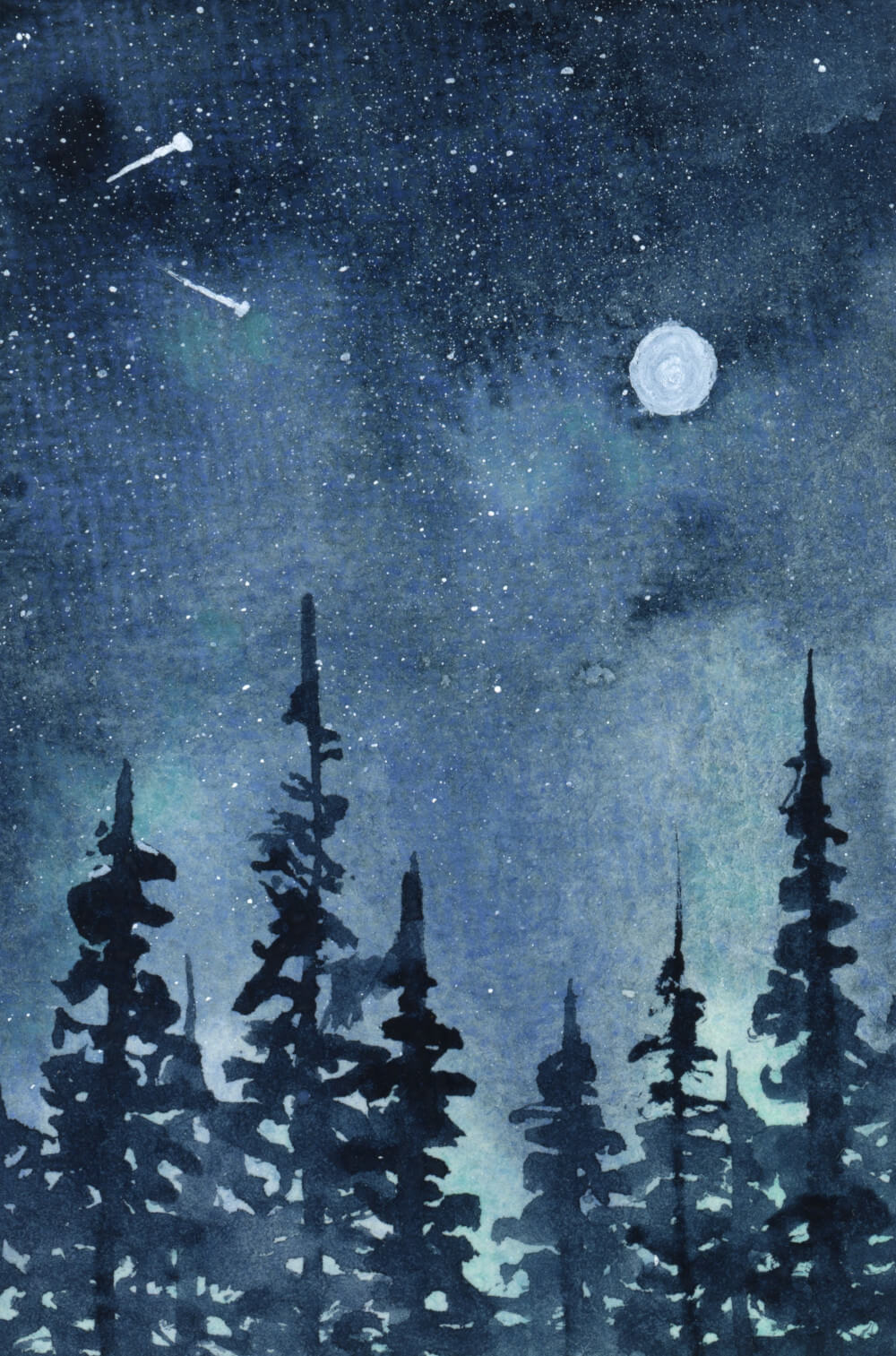 Moonlit Forest Original Mini by Dannie Mac Art - A7 Cotton Rag - Tall Pine Trees in the Moonlight under the Full Moon and Shooting Stars
