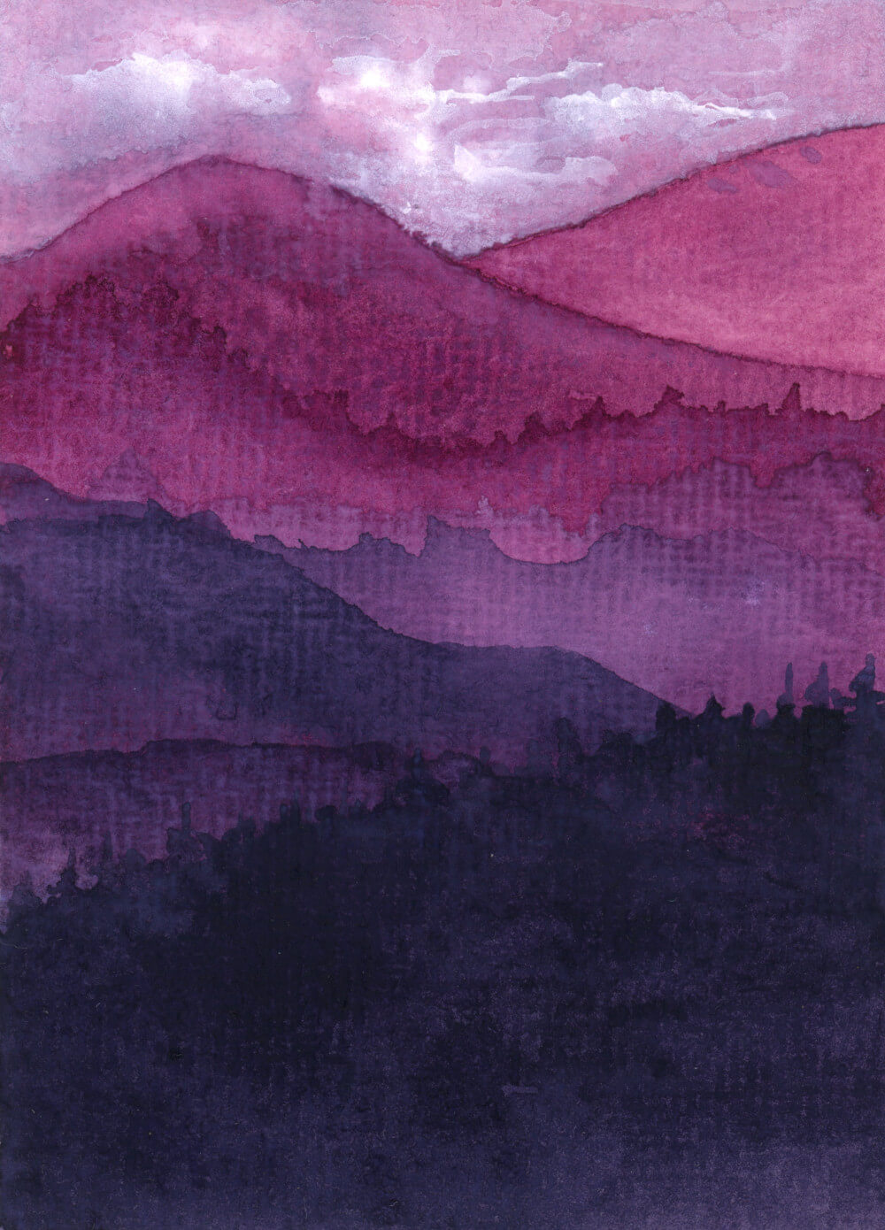 Mystic Summit Original Mini by Dannie Mac Art - A7 Cotton Rag - Pink and Purple Rolling Hills and Forest