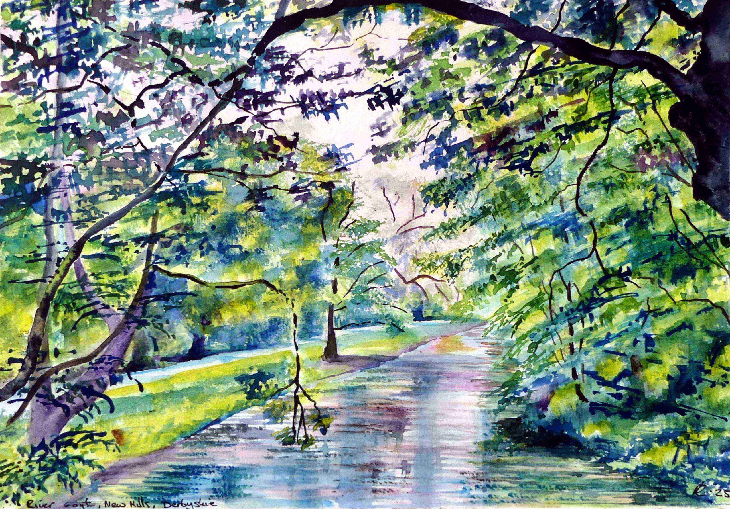 River Goyt watercolour by UK artist Elizabeth Sadler