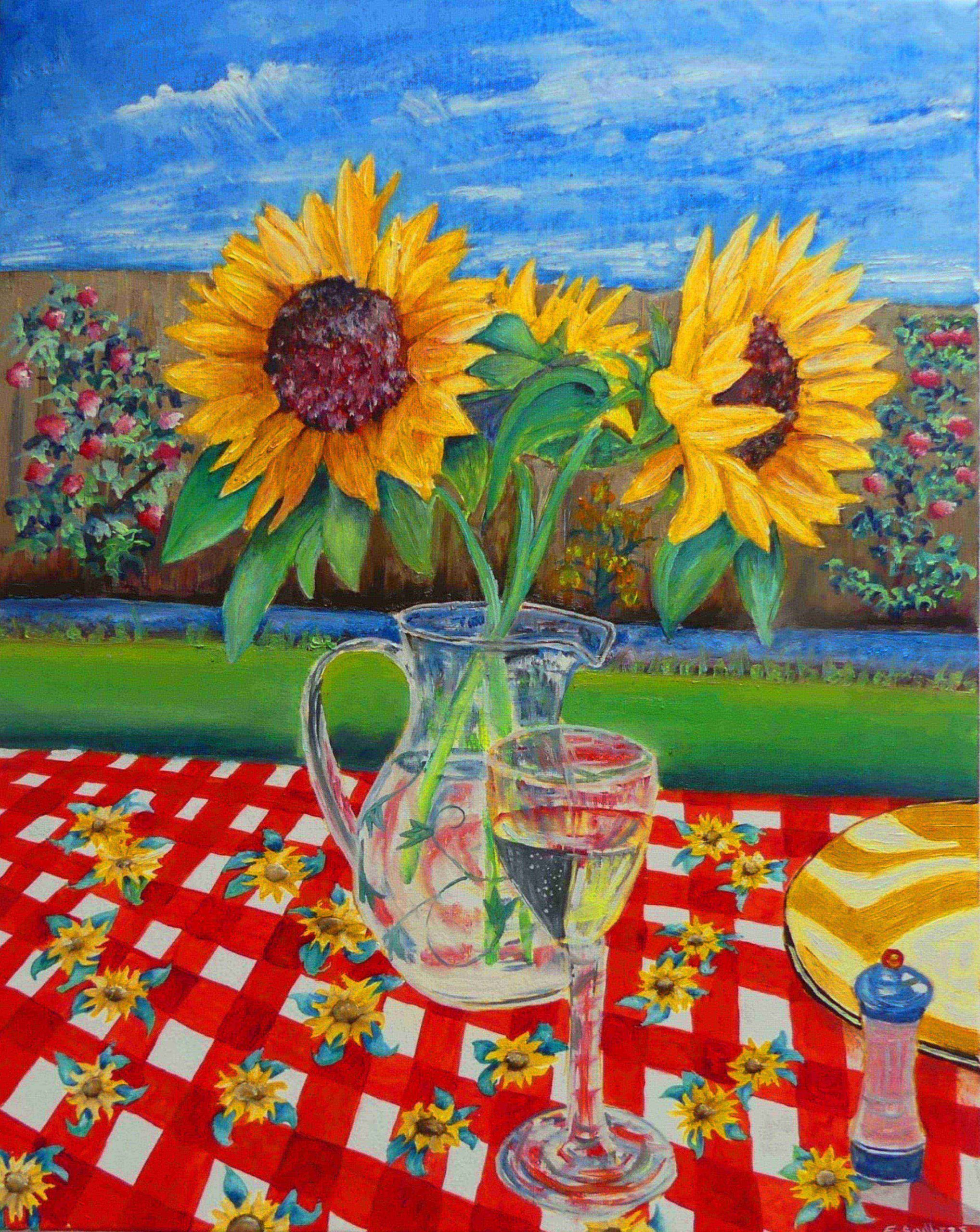 Sunflower still life oil painting by UK artist Elizabeth Sadler